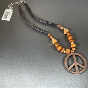 Wooden Bead Peace Sign Retro Hippie Chunk Necklace
